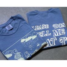 Load image into Gallery viewer, image of the front and back of a blue tee shirt folded and laid on a concrete floor. image of the front and back of a blue tee shirt on a white background. front is on the left and has an white print of a rectangle with two people staring out from to rain clouds and and umbrella. the back is on the right and says please don&#39;t tell me that I&#39;m dreaming

