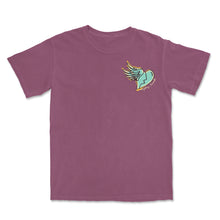 Load image into Gallery viewer, image of the front of a berry colored tee shirt on a white background. the front of the tee has a small chest print on the right of a teal broken heart with an angel wing. curved below the wing in cursive says mayday parade.
