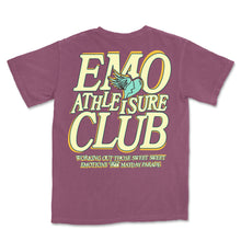 Load image into Gallery viewer, image of the back of a berry colored tee shirt on a white background. the back of the tee has a full back print in cream with orange outline that says emo athleisure club. across the bottom says working out those sweet sweet emotions with mayday parade
