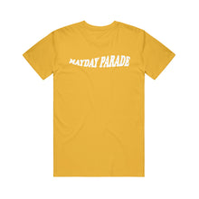 Load image into Gallery viewer, image of a gold tee shirt on a white background. the front of the tee has a white print across the chest that says mayday parade
