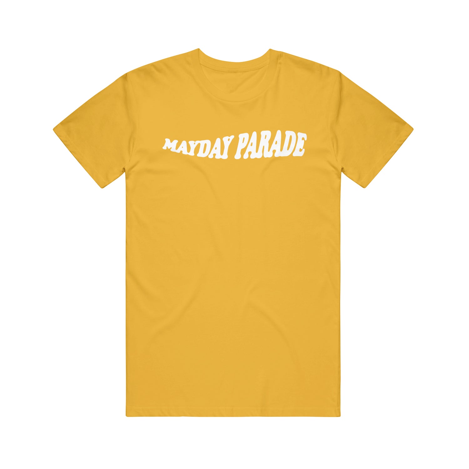 image of a gold tee shirt on a white background. the front of the tee has a white print across the chest that says mayday parade