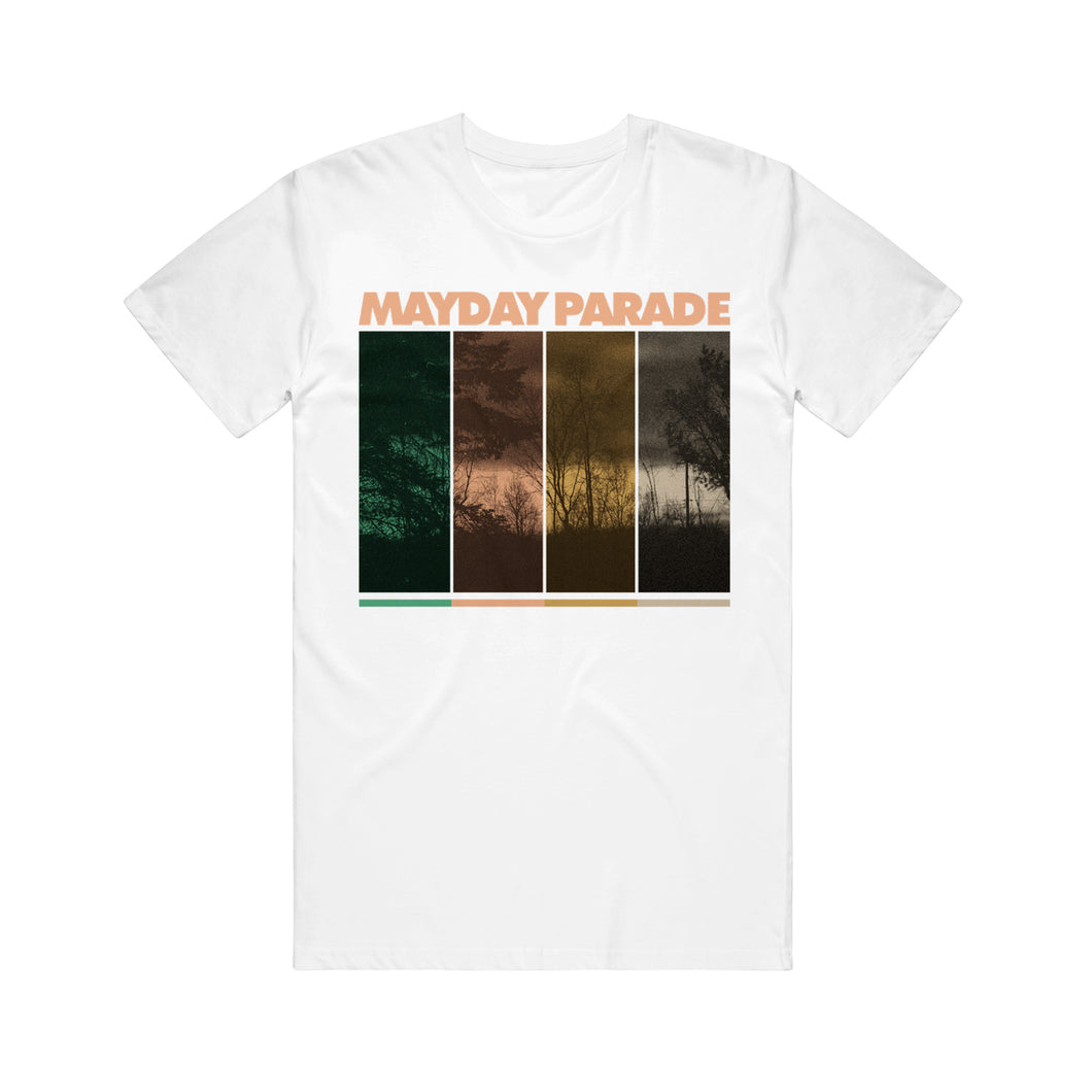 image of a white tee shirt on a white background. tee has full chest print. the top in orange says mayday parade and then 4 rectangle blocks with trees inside.
