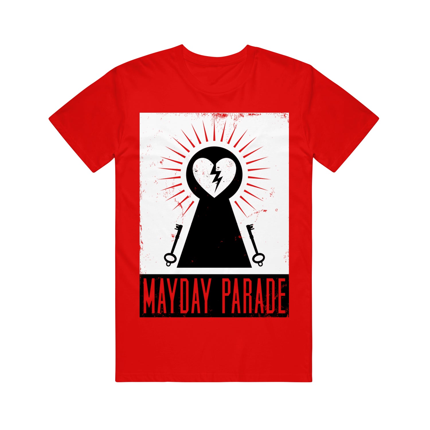 image of a red tee shirt on a white background. tee has a full chest print of a white rectangle with a black key hole with a broken white heart at the top, and two black keys framing the bottom. across the bottom in red says mayday parade