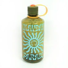 Load image into Gallery viewer, image of a green naglene water bottle on a white background. across the front of the bottle in blue says mayday parade. in the center says is an emotion with a sun image surrounding it
