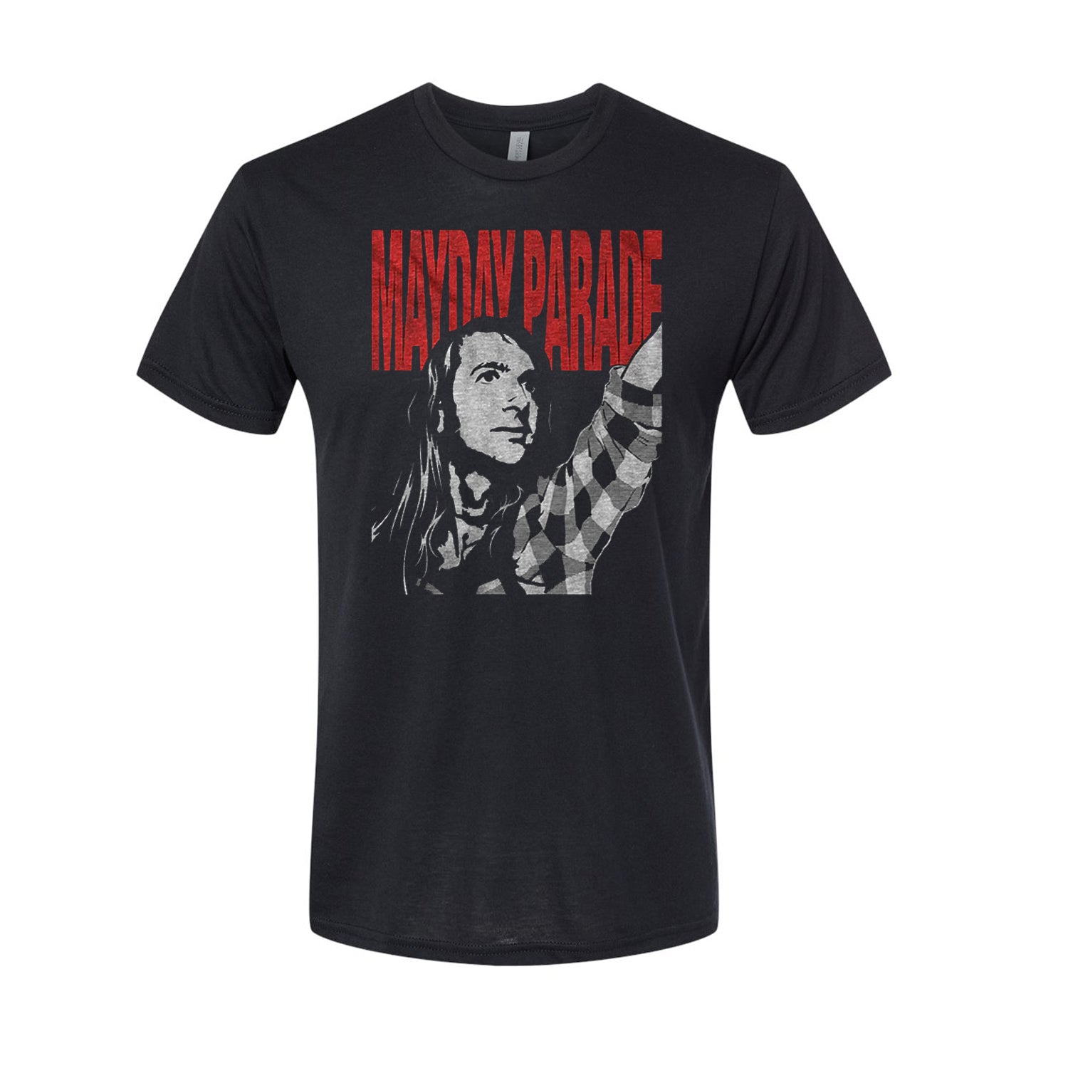 image of a heather black tee shirt on a white background. tee has a full chest print with red across the top that says mayday parade. below is a man with long hair, wearing a checkerboard plaid shirt and his arm up pointing. 