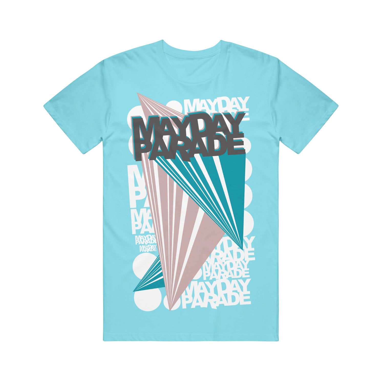 image of an aqua blue tee shirt on a white background. tee has a full chest print in cream and pink pink. at the top center in black says mayday parade then two diamond shapes below with mayday parade repeated behind in cream.