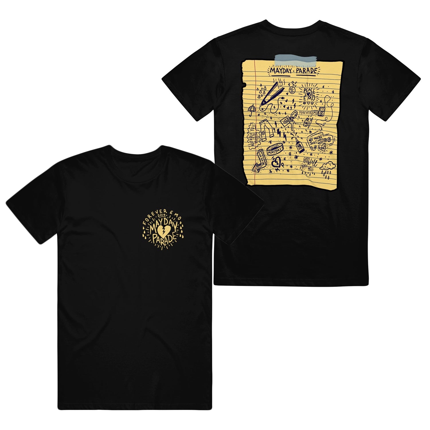 image of the front and back of a black tee shirt on a white background. the front of the tee is on the left and has a small chest print on the right in yellow that says mayday parade with a broken heart and forever emo 2019 on the top in a circlular design. the back of the tee is on the right and has a full back print of a torn out yellow page of a note book that says mayday parade with doodles of a hair straighter, jeans, keys, hearts, clouds and other random designs