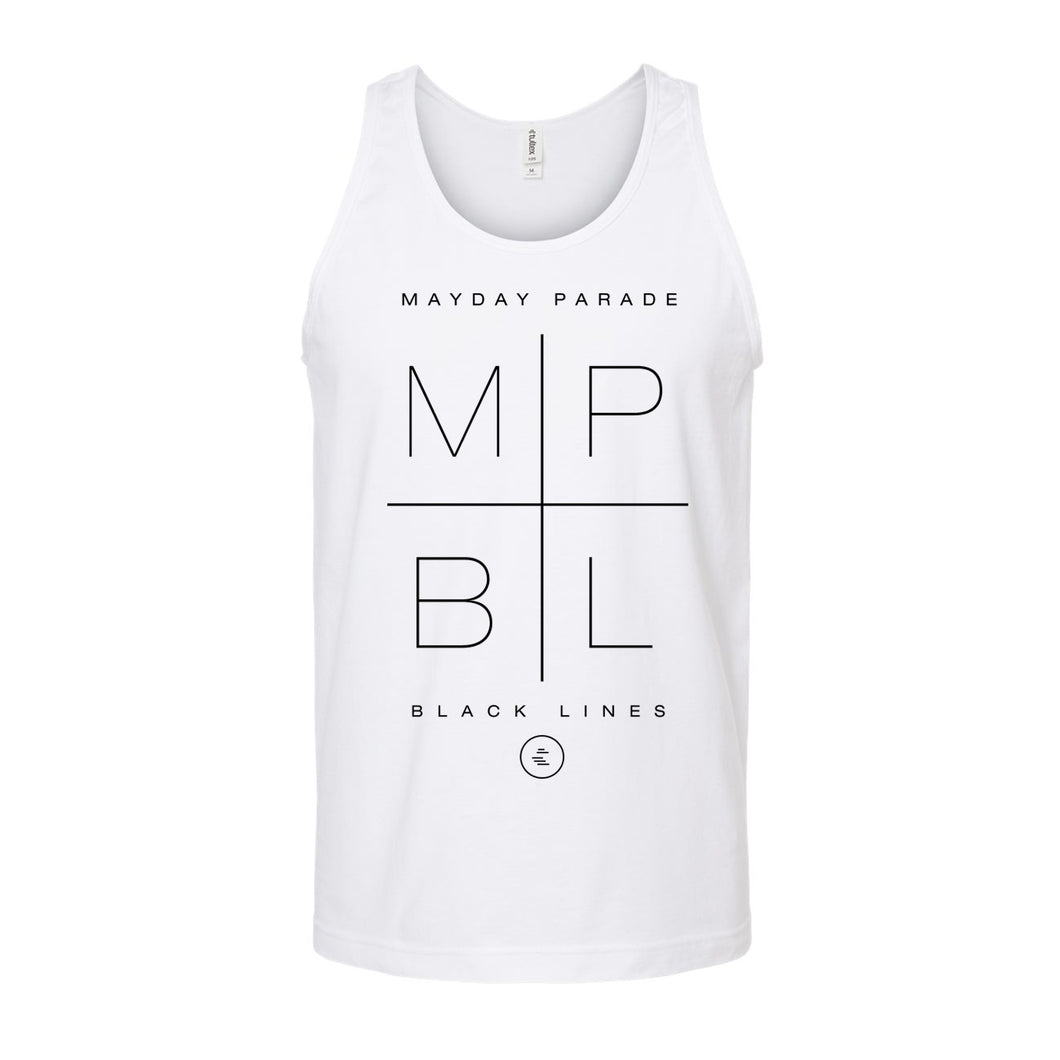 image of a white tank top on a white background. tank has full print across the chest in black in that says mayday parade M P B L black lines