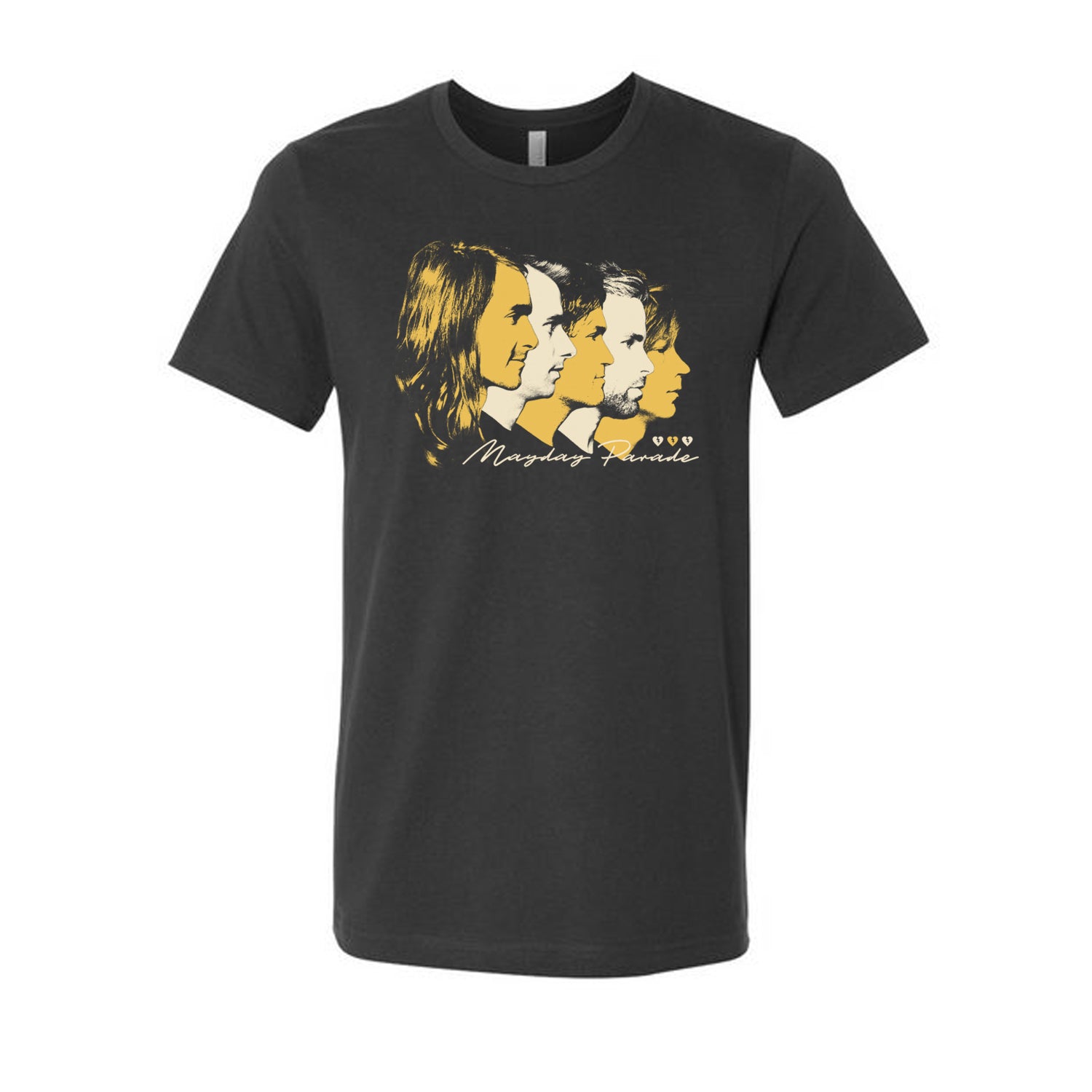 image of a dark grey tee shirt on a white background. tee has full chest print in alternating yellow and cream print of five faces looking right at says mayday parade on the bottom