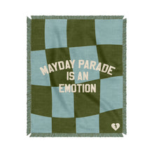 Load image into Gallery viewer, image of a custom woven blanket on a white background. blanket is green and blue checkerboard and says mayday parade is an emotion in the center.
