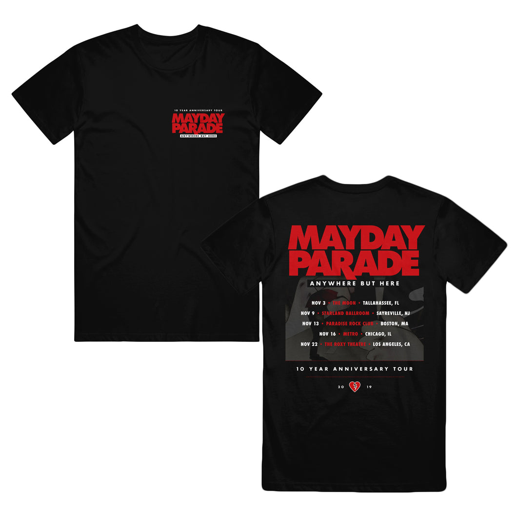 image of the front and back of a black tee shirt on a white background. front of tee is on the left and has a small chest print on the right that says in red mayday parade. in white above and below that says 10 year anniversary tour anywhere but here. back of the tee is on the right and has a full back print that says at the top in red mayday parade. below that says anywhere but here and has the tour dates. 10 year anniversary tour in white across the bottom