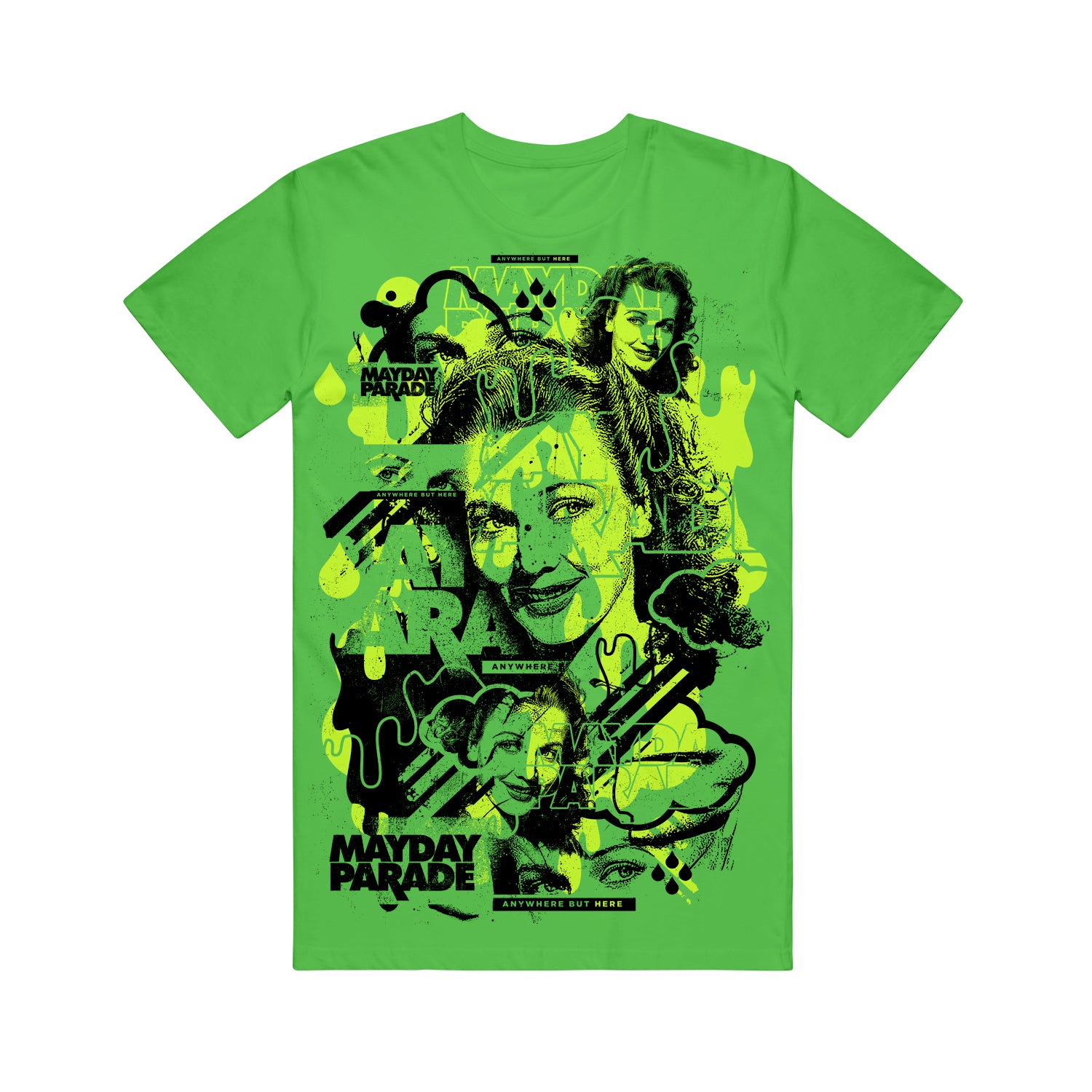 image of a green tee shirt on a white background. tee has a full chest print in black of a woman's face three times. once at the top right, a large face in the center and another at the bottom left. mayday parade is written throughout completing the collage like design