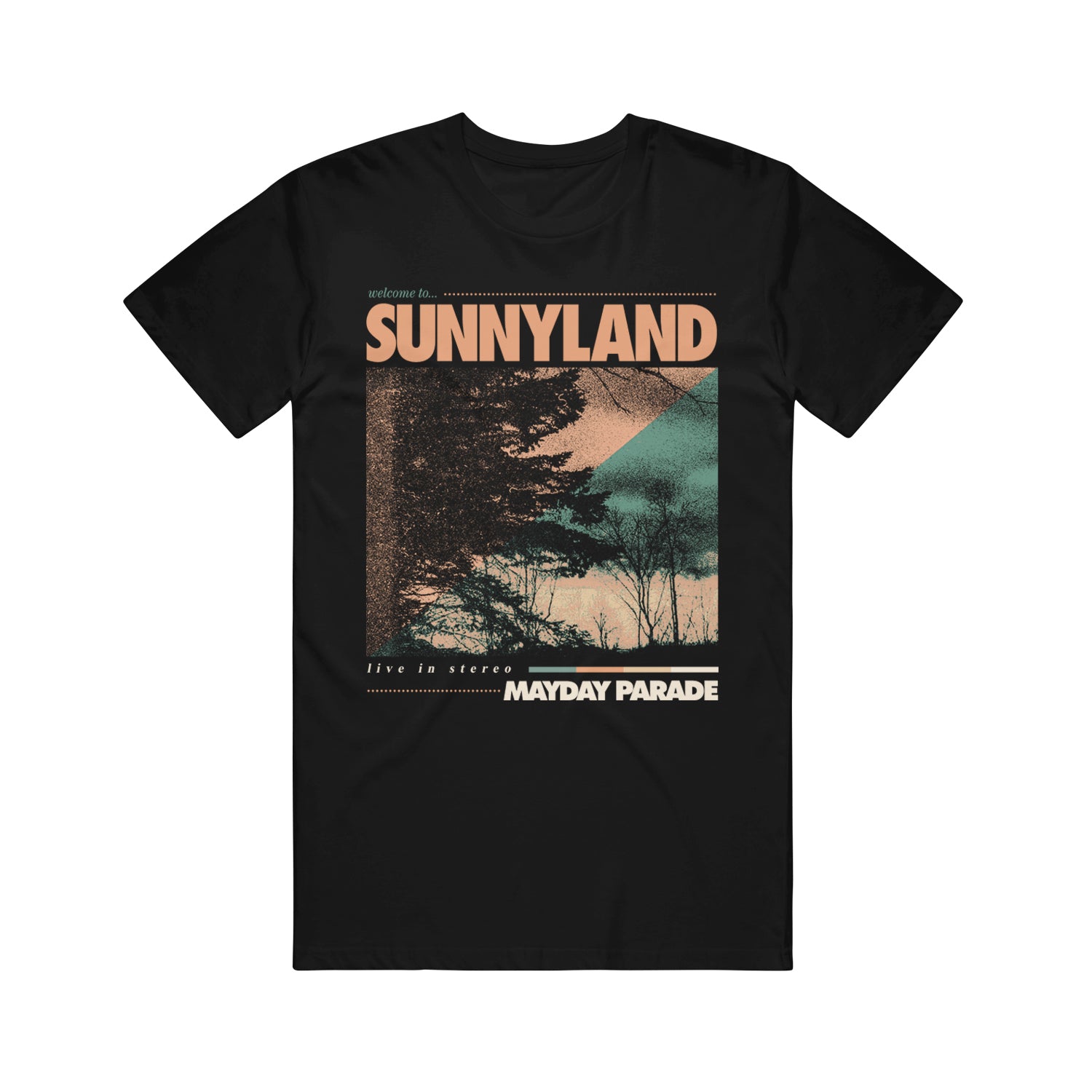 image of a black tee shirt on a white background. tee has full chest print that says in orange on top across the chest sunnyland with a tree and green sky below. on the bottom in white says live in stereo mayday parade