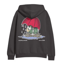 Load image into Gallery viewer, image of the back of a railroad grey pullover hoodie. hoodie has a full print of someone with a large red umbrella standing in a rain puddle
