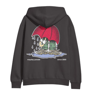 image of the back of a railroad grey pullover hoodie. hoodie has a full print of someone with a large red umbrella standing in a rain puddle