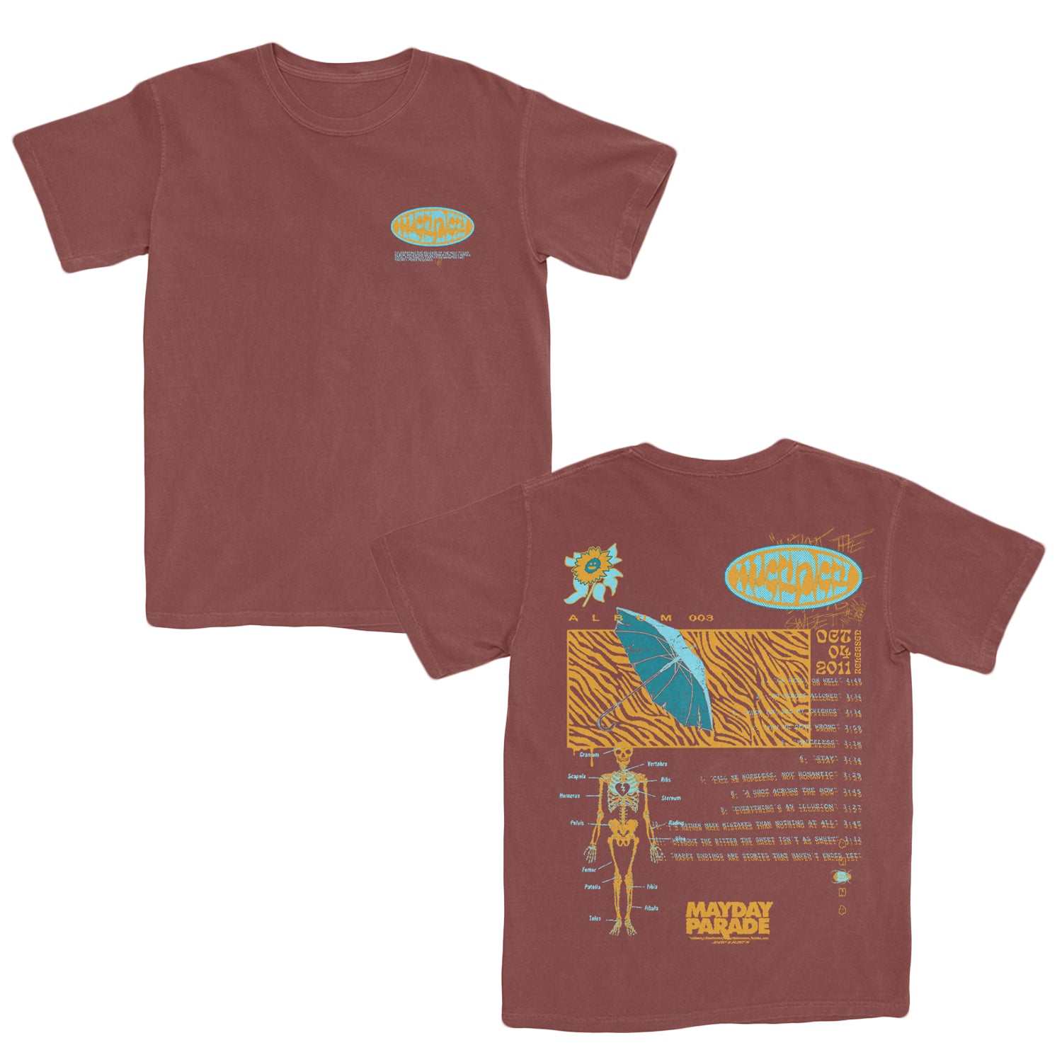 image of the front and back of a red tee shirt on a white background. front of the tee is on the left and has a small print on the right chest that says mayday in a yellow and blue oval. the back of the tee is on the right and has a full back print in yellow and blue of a skeleton with an umbrella, and the tracklist to mayday parade's debut self titled album