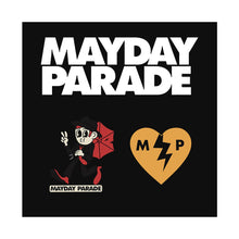 Load image into Gallery viewer, image of a black sqaure holding two enamel pins. left pin is of a man holding and umbrella, whistling and giving a peace sign with his fingers. below the man says mayday parade. right pin is of a yellow broken heart and has the letters M P in it. pins are on a black card board backing that says in white at the top mayday parade
