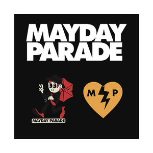 image of a black sqaure holding two enamel pins. left pin is of a man holding and umbrella, whistling and giving a peace sign with his fingers. below the man says mayday parade. right pin is of a yellow broken heart and has the letters M P in it. pins are on a black card board backing that says in white at the top mayday parade