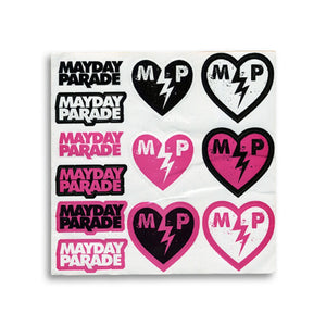 image of a square sticker sheet on a white background. the sticker sheet has 12 stickers on it. 6 in various versions of black, white, and pink say mayday parade, and 6 in similar colors of a brokn heart and the initials M P