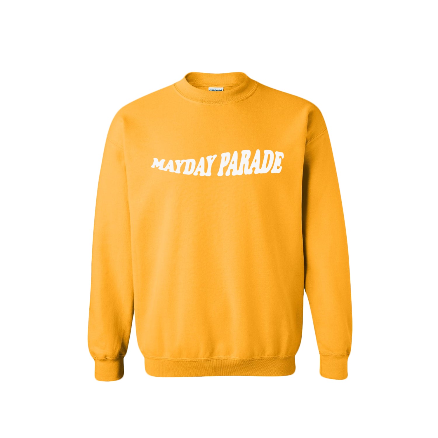 image of the front of a gold crewneck sweatshirt on a white background. crewneck has a white print across the chest that says mayday parade.