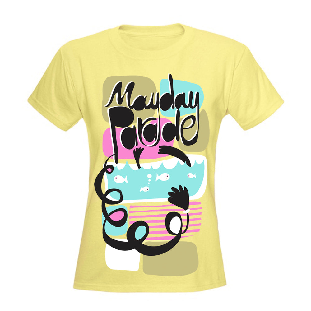 image of a women's yellow tee shirt on a white background. tee has a full chest print with yellow, blue and pink bubbles and a fish tank in the center with the words mayday parade in the center on top of the design