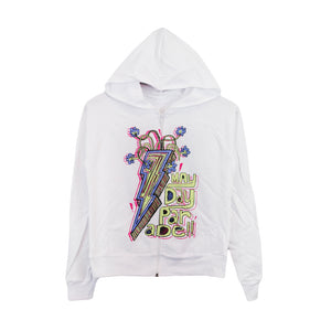 image of a women's white zip up hoodie on a white background. across the front chest is a lightning bolt with flowers coming out it in blue and yellow and pink print. on the right stacked in yellow says mayday parade !!