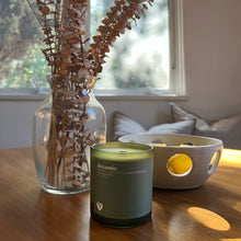 Load image into Gallery viewer, image of a table in front of a window. on the table there is a brown plant on the left in a glass vase, green candle in the center, and a bowl on the right with cut out holes and a lemon inside. 
