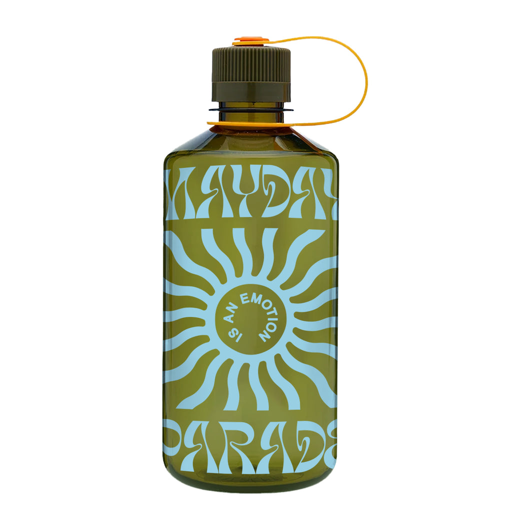 image of a green naglene water bottle on a white background. across the front of the bottle in blue says mayday parade. in the center says is an emotion with a sun image surrounding it