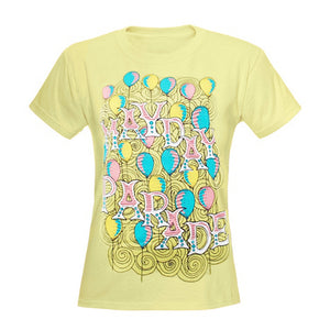 image of a yellow women's tee shirt on a white background. tee has a full print with yellow, pink and blue balloons and the words mayday parade stacked in the center