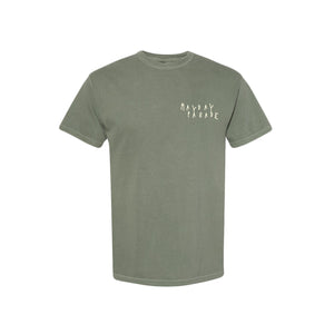 image of the front of a moss tee shirt on a white background. tee has a small chest print on the right in puff print that says mayday parade. 