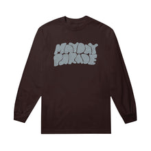 Load image into Gallery viewer, image of the front of a brown long sleeve tee. tee has a center chest print that says mayday parade. 
