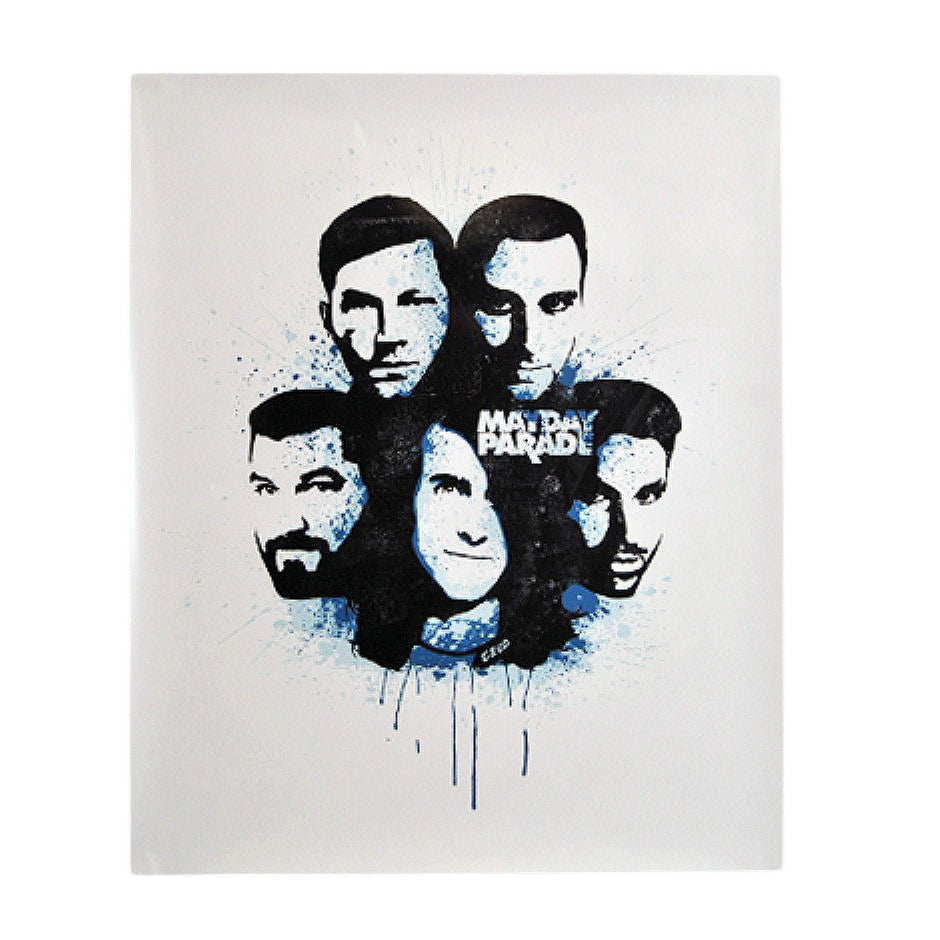 image of a white poster on a white background. center of poster has 5 mens faces in a circle in black with blue spraypaint splattered over and says mayday parade