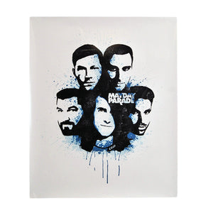 image of a white poster on a white background. center of poster has 5 mens faces in a circle in black with blue spraypaint splattered over and says mayday parade