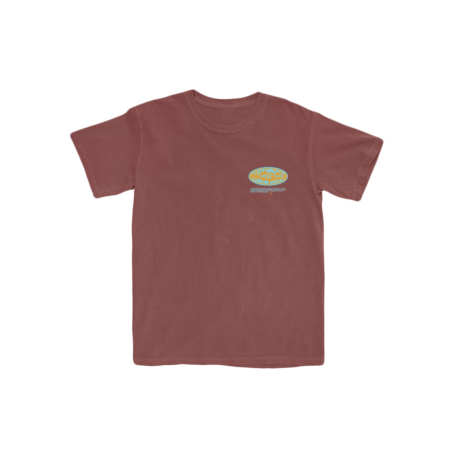image of the front of a red tee shirt on a white background. front of the tee has a small print on the right chest that says mayday in a yellow and blue oval. 