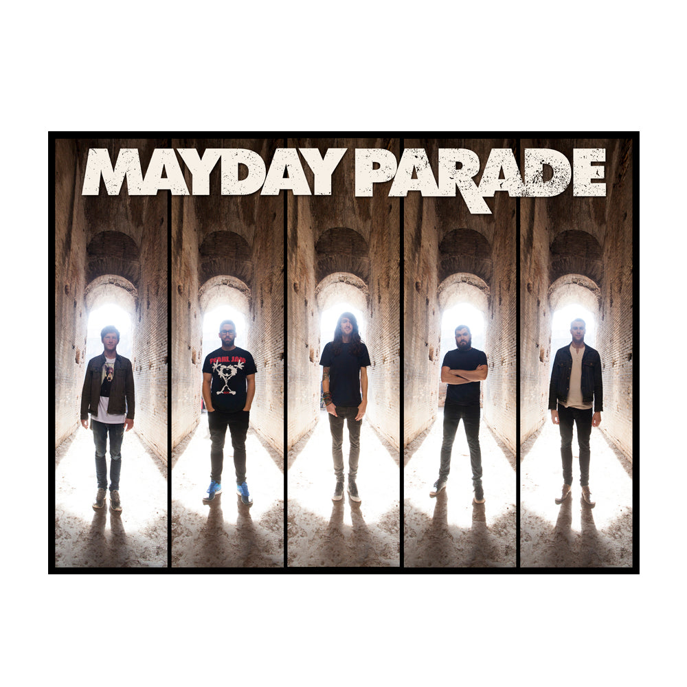 image of a rectangle poster on a white background. poster says mayday parade at the top and has 5 vertical rectangles lined up of 5 men standing in front of an arch