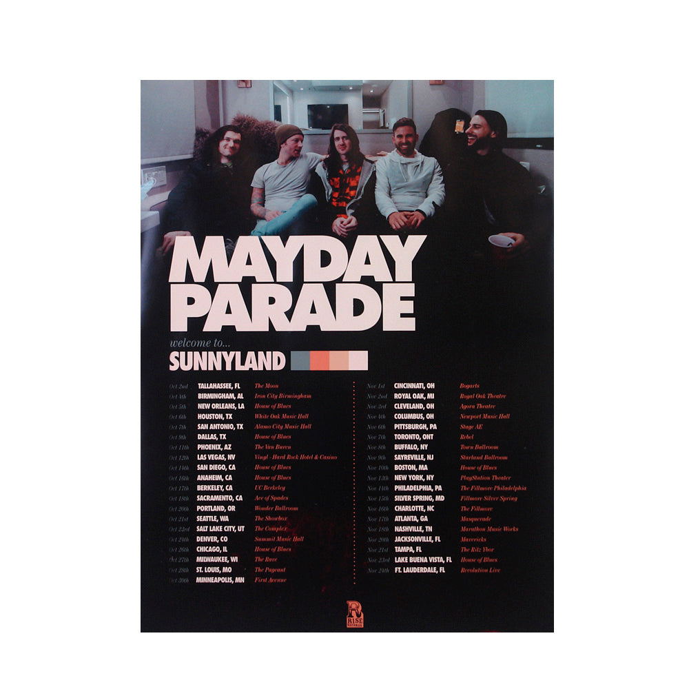 image of a poster on a white background. top of poster shows 5 men sitting with cream text on the left below that says mayday parade with welcome to sunnyland below and the tour dates filling the rest of the poster below