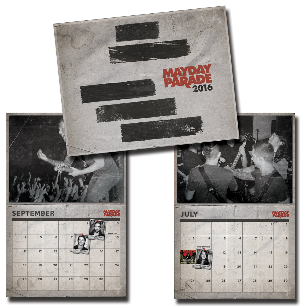image of a 2016 calendar for mayday parade on a white background. it has a grey cover with black lines and says mayday parade 2016. inside has black and white images of the band playing shows